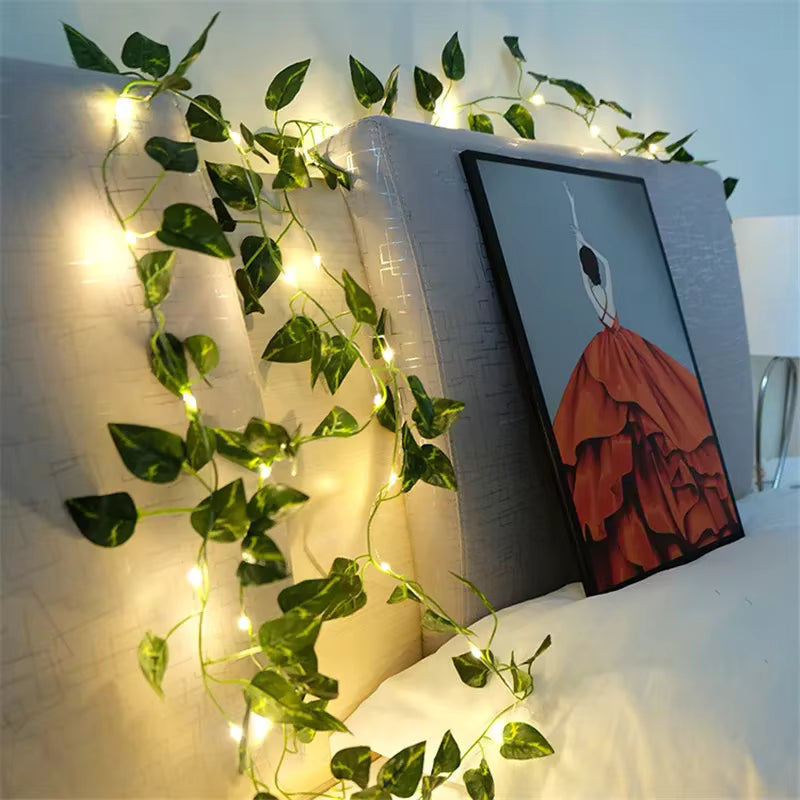 🌿 LED Green Leaf Vine Fairy Lights | Battery-Powered Flower Garland for Bedroom.