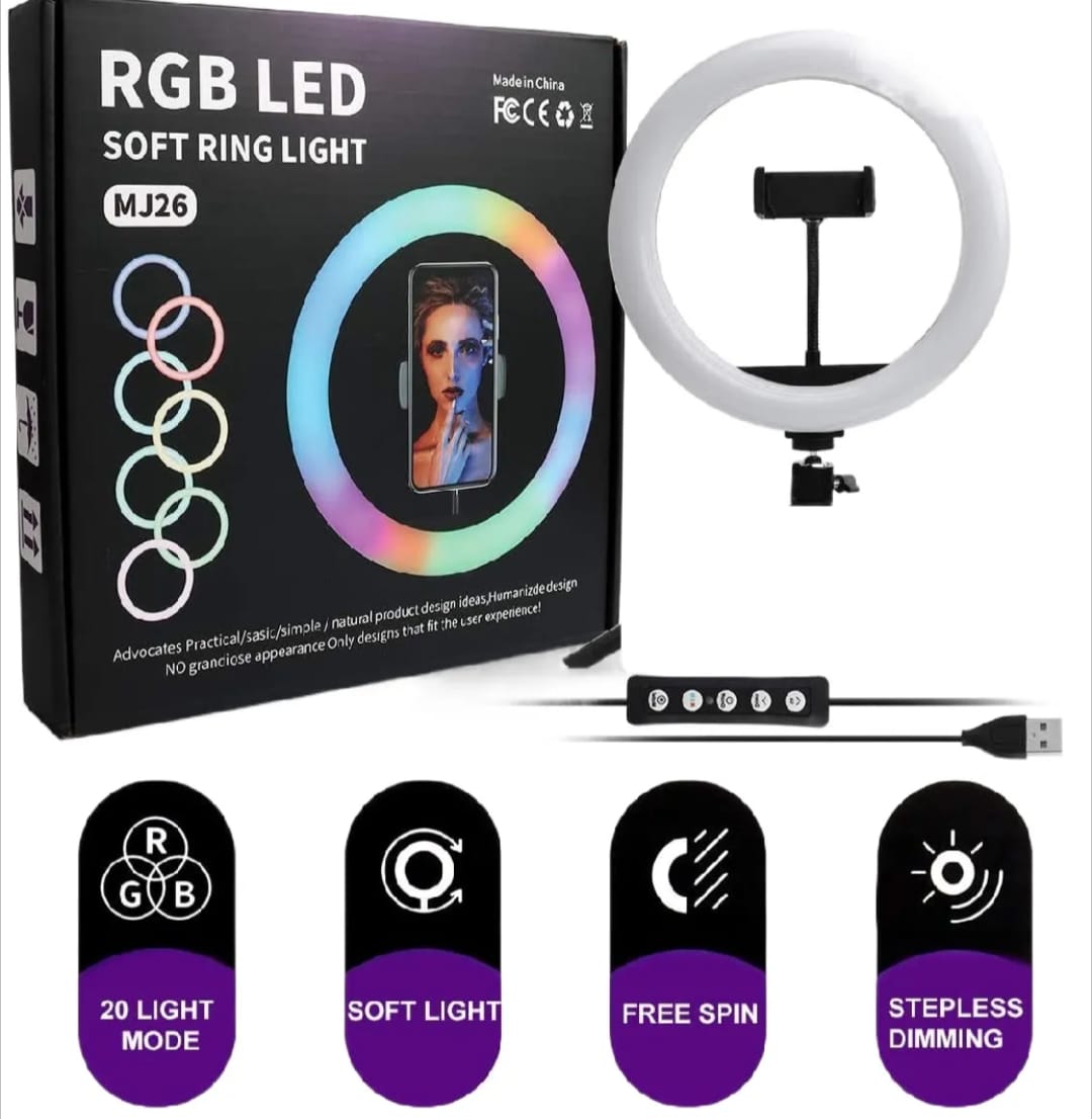 🌈 RGB Ring Light 26 CM (MJ26) with 7 Feet Stand – Adjustable LED Light for Photography, Makeup & Live Streaming