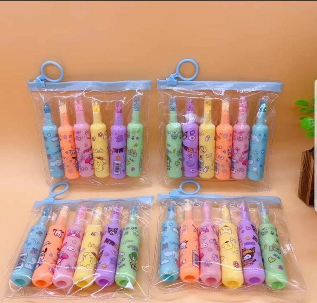✨ Pack of 6 Cute Bottle-Shaped Character Highlighters | Kawaii Pastel Stationery Set for Girls & Boys