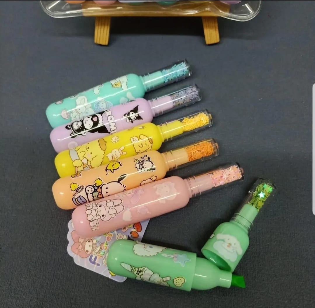 ✨ Pack of 6 Cute Bottle-Shaped Character Highlighters | Kawaii Pastel Stationery Set for Girls & Boys