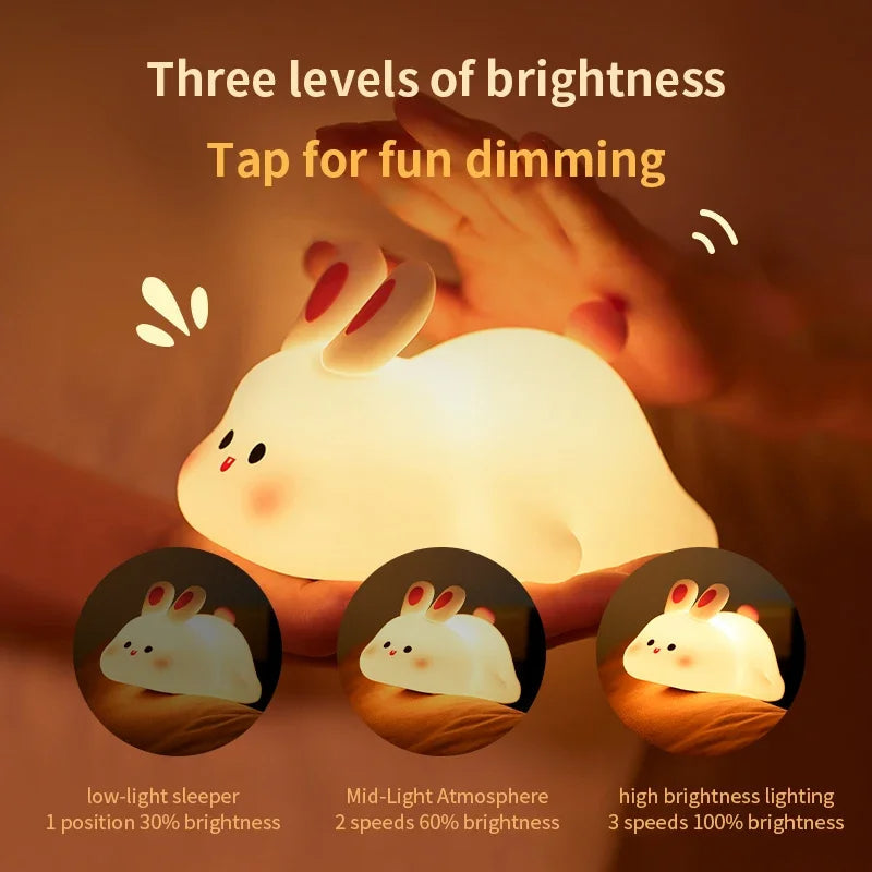 🐰 Cute Rabbit Silicone Night Lamp | Soft Touch LED Night Light with 3 Brightness Levels