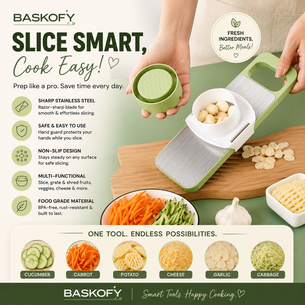 🥕 5-in-1 Multifunctional Vegetable Cutter & Slicer | Stainless Steel Kitchen Mandoline with Garlic Grinder