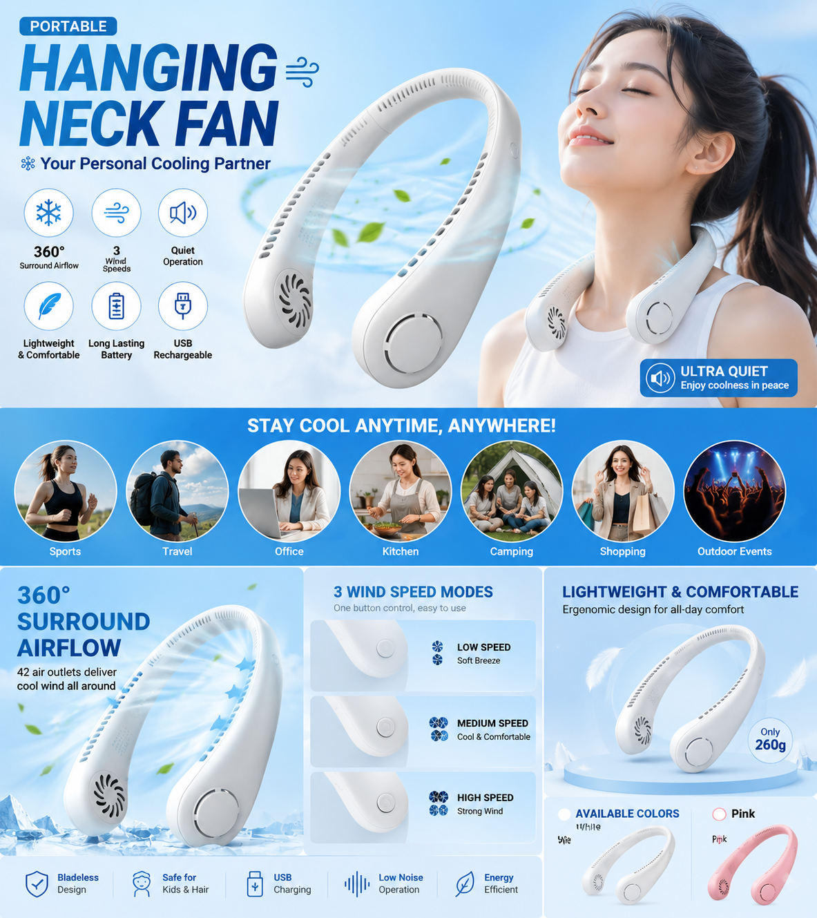 ❄️ Portable Hanging Neck Fan | Rechargeable USB Bladeless Cooling Fan | Hands-Free Personal Air Cooler