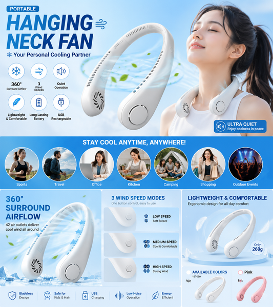 ❄️ Portable Hanging Neck Fan | Rechargeable USB Bladeless Cooling Fan | Hands-Free Personal Air Cooler