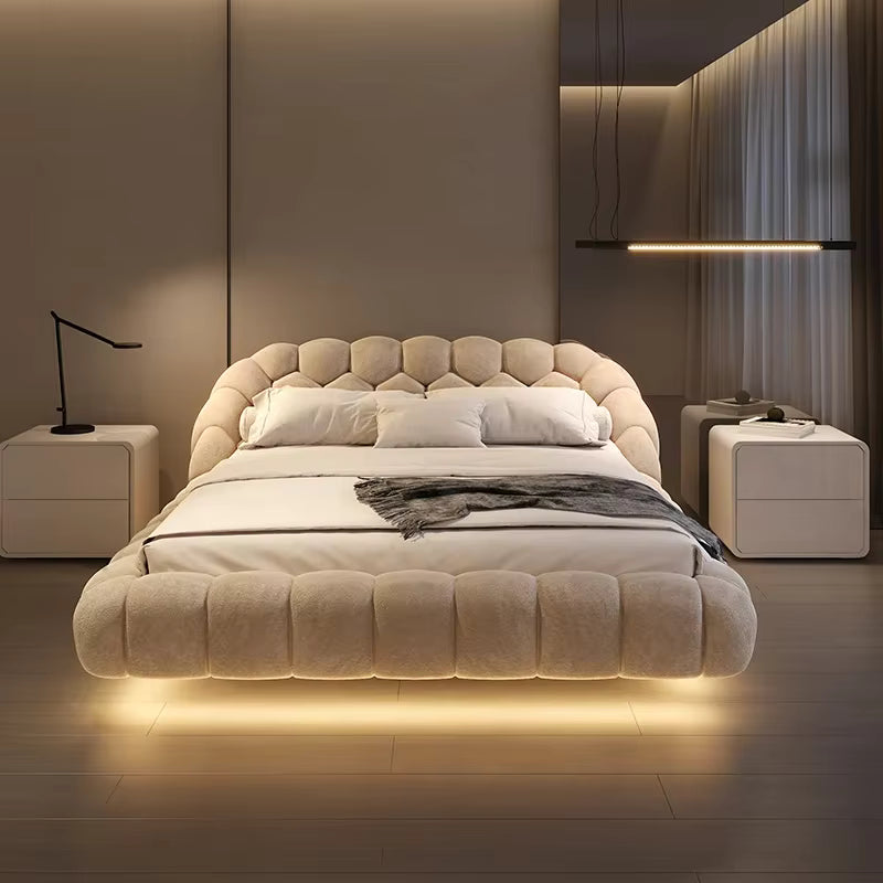 🛏️ Luxury Floating Lambswool Bed | Modern Upholstered Princess King Size Bed for Master Bedroom