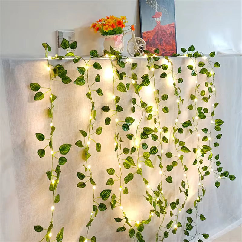 🌿 LED Green Leaf Vine Fairy Lights | Battery-Powered Flower Garland for Bedroom.