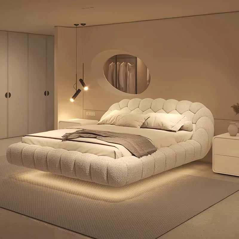 🛏️ Luxury Floating Lambswool Bed | Modern Upholstered Princess King Size Bed for Master Bedroom