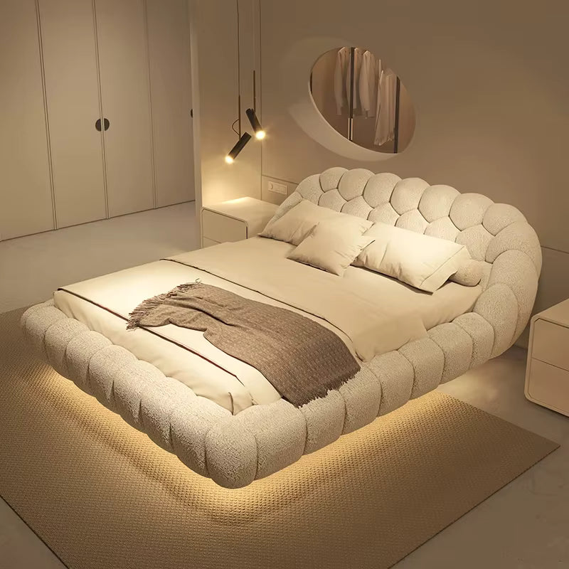 🛏️ Luxury Floating Lambswool Bed | Modern Upholstered Princess King Size Bed for Master Bedroom