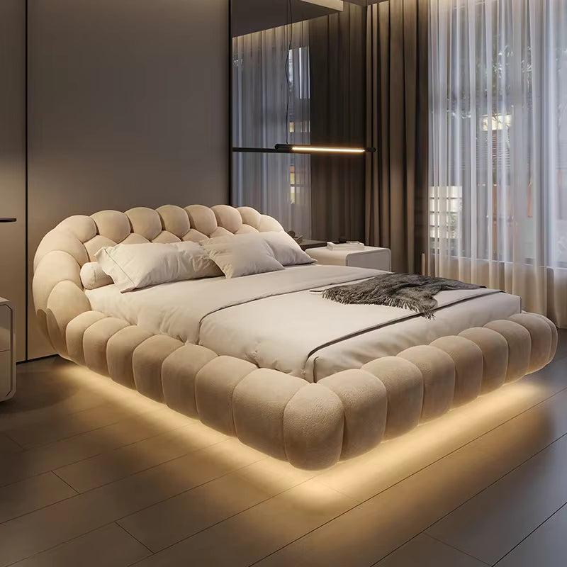 🛏️ Luxury Floating Lambswool Bed | Modern Upholstered Princess King Size Bed for Master Bedroom