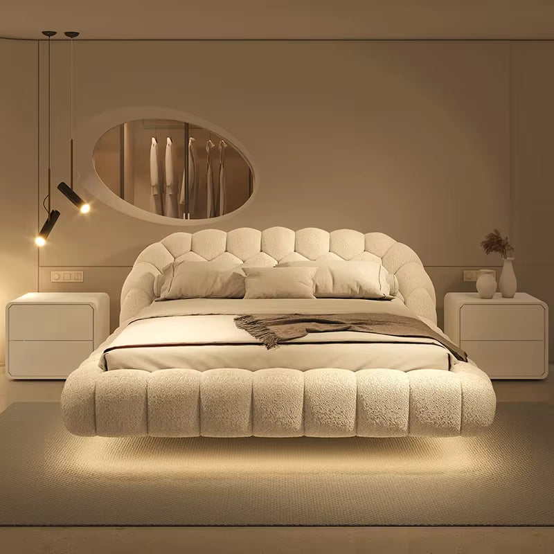 🛏️ Luxury Floating Lambswool Bed | Modern Upholstered Princess King Size Bed for Master Bedroom