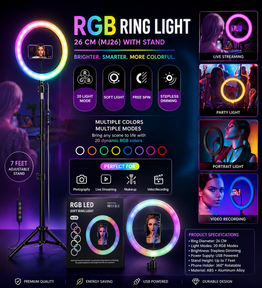 🌈 RGB Ring Light 26 CM (MJ26) with 7 Feet Stand – Adjustable LED Light for Photography, Makeup & Live Streaming
