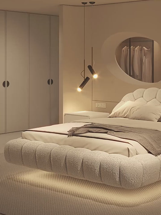 🛏️ Luxury Floating Lambswool Bed | Modern Upholstered Princess King Size Bed for Master Bedroom